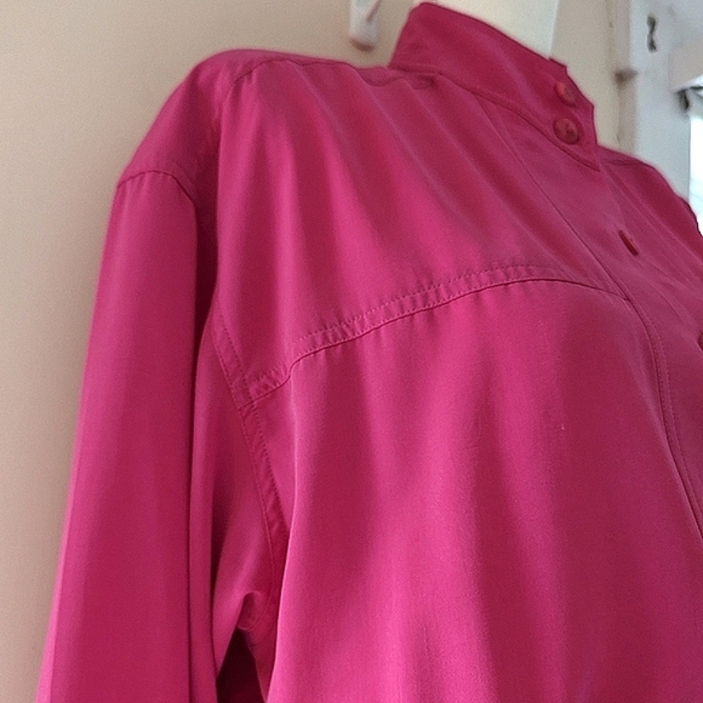 Vintage 1980's Bright Pink Dress Belted Button Down High Neck Pockets Size 10 - Picture 4 of 16